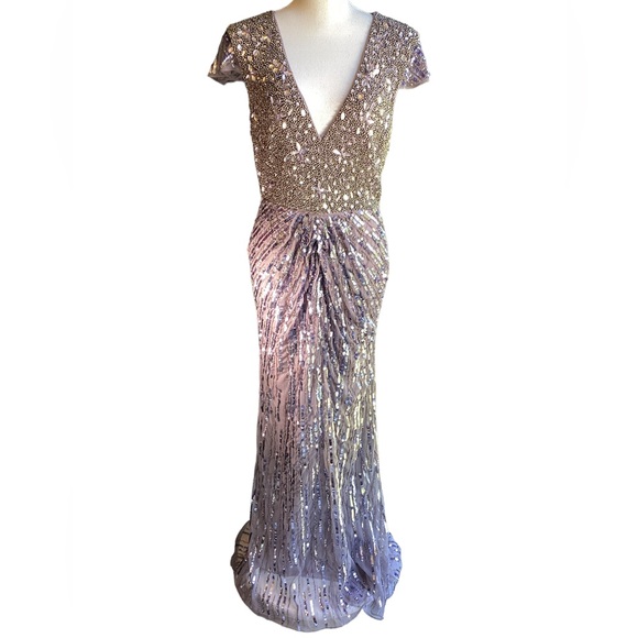 NWT Mac Duggal V Neck Cap Sleeve Hand Beaded Gown in Lavender B28 - Picture 11 of 17